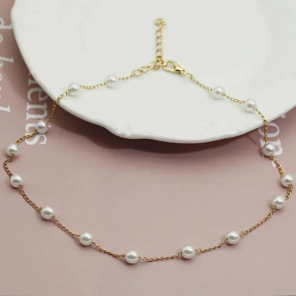Gold Spaced Pearl Chain Necklace - Image 2