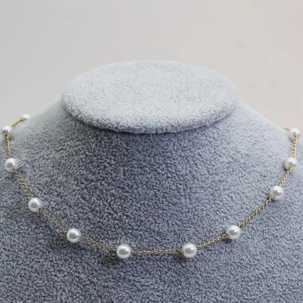 Gold Spaced Pearl Chain Necklace - Image 3