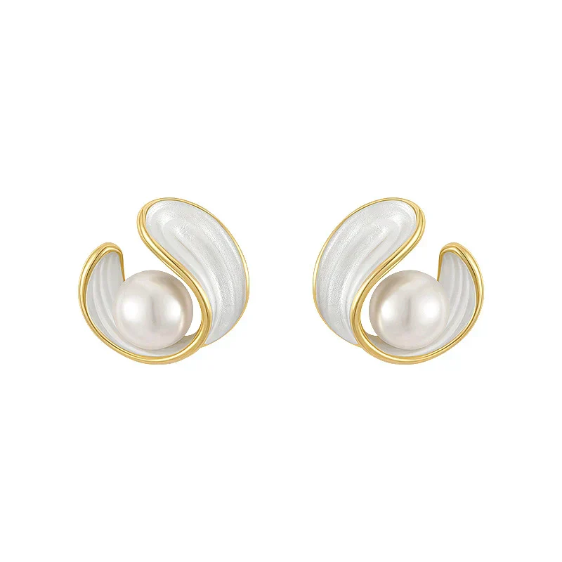 Gold Swirl Pearl Stud Earrings - Image 2