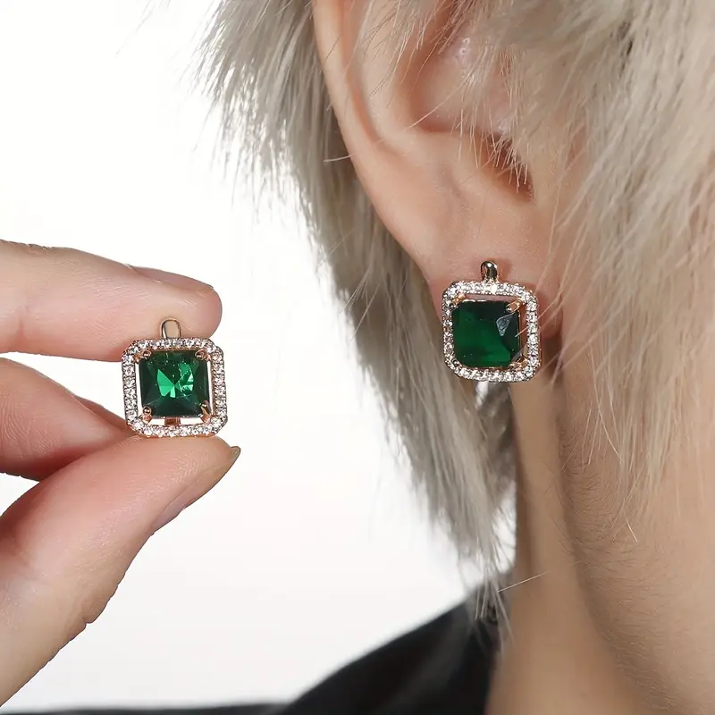 Golden Green Square Zirconia Gold Earrings - Image 2