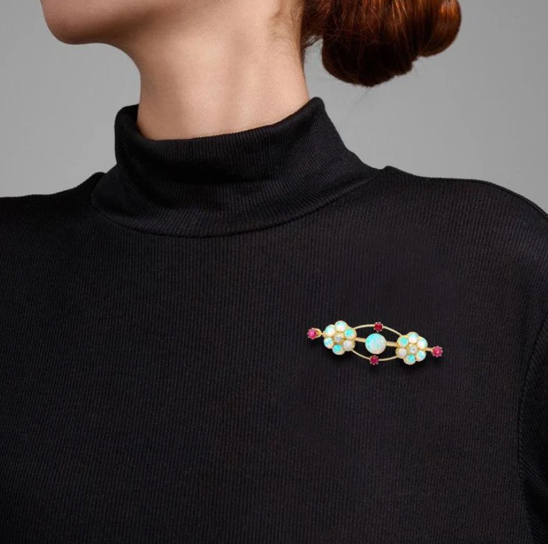 Golden Round Cut Opal & Ruby Brooch - Image 2