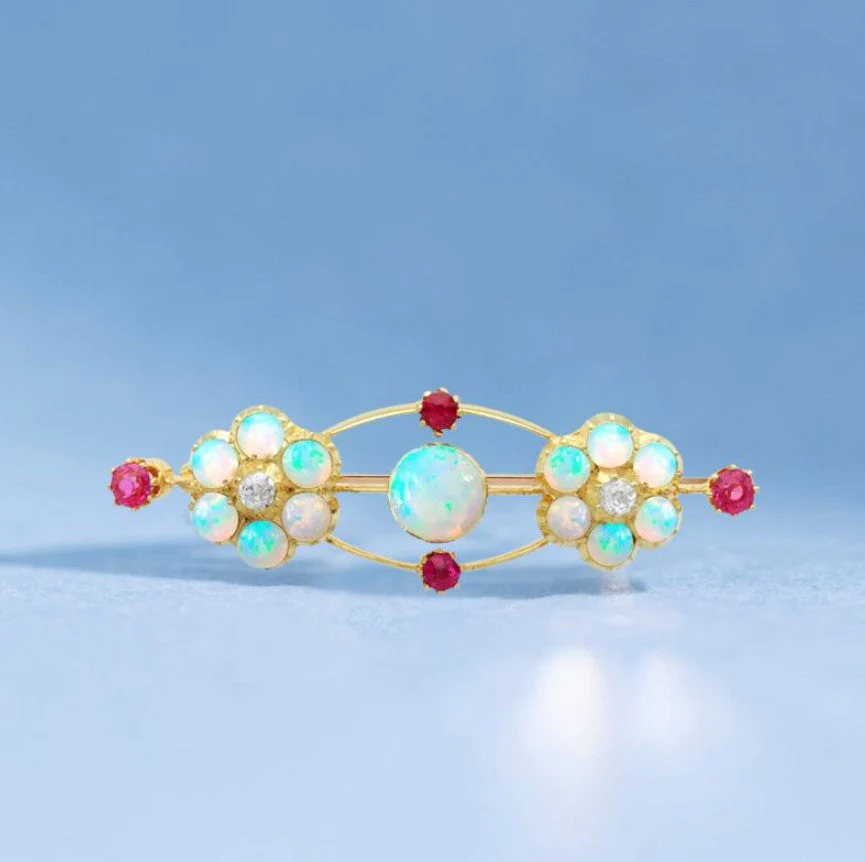 Golden Round Cut Opal & Ruby Brooch - Image 3