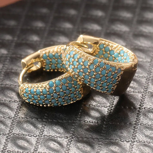 Golden-Tone Turquoise Beaded Hoop Earrings - Image 2