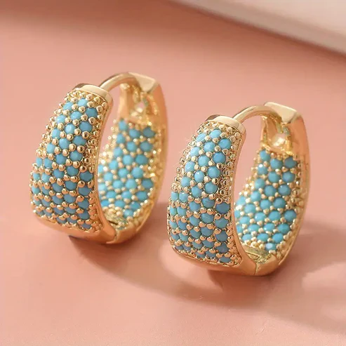 Golden-Tone Turquoise Beaded Hoop Earrings - Image 3