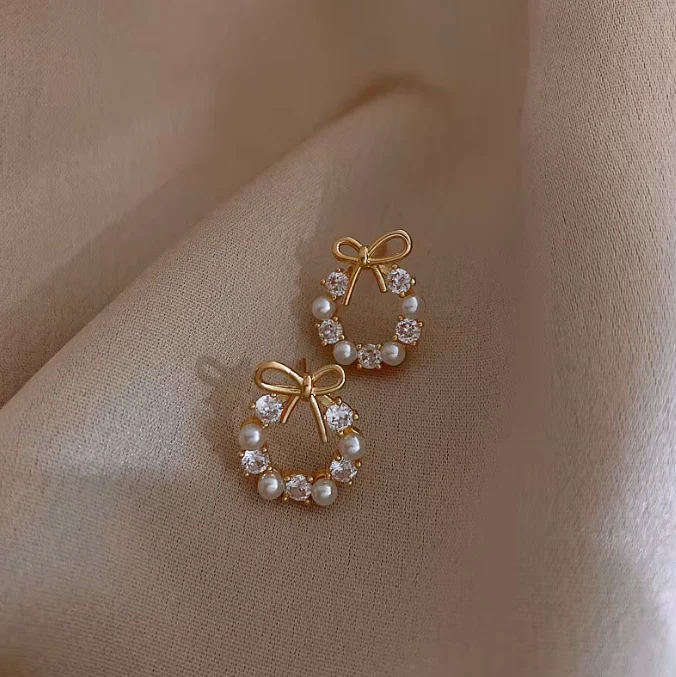 Graceful Pearl Wreath Bow Earrings - Image 2