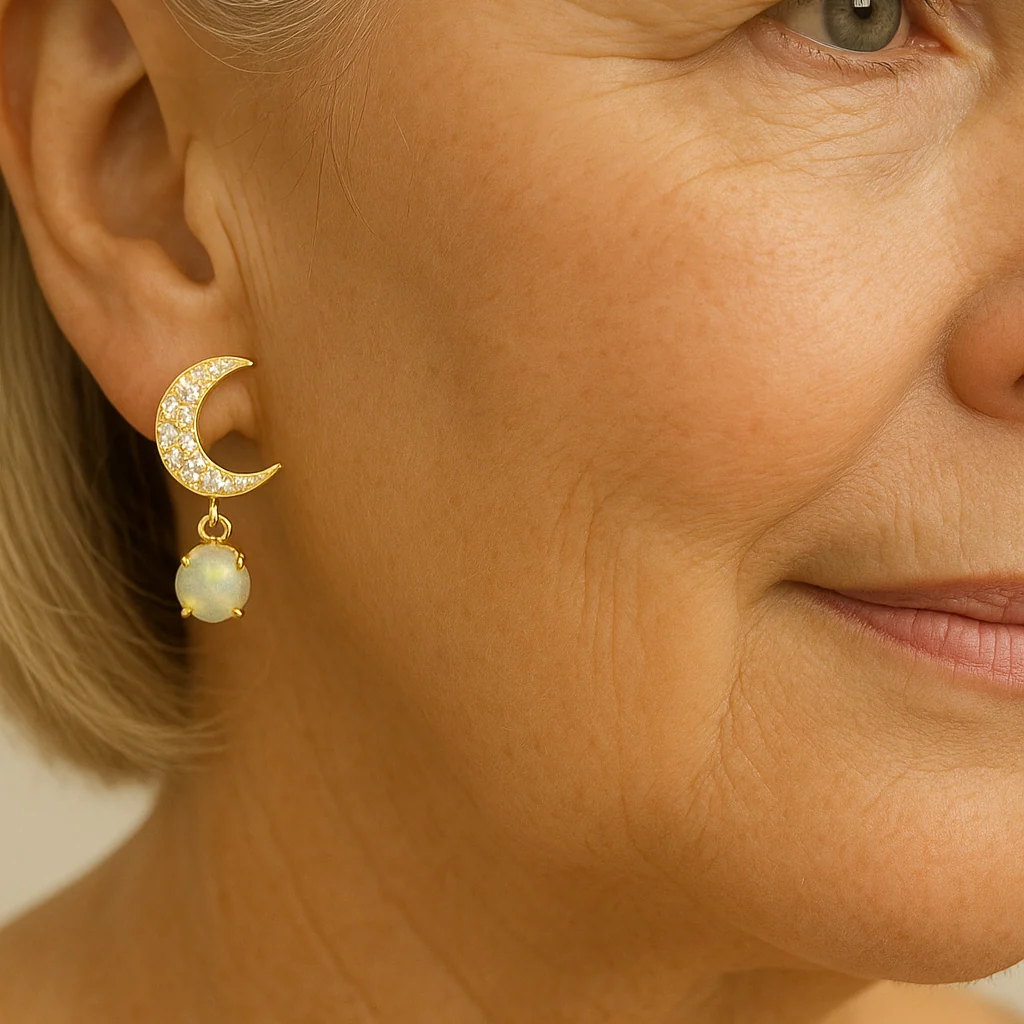 Moon and Star Earrings made of Gold and Opal - Image 4