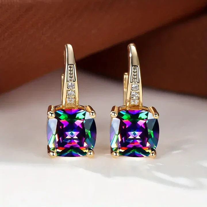 Mystic Gemstone Stone Hoop Gold Earrings - Image 2
