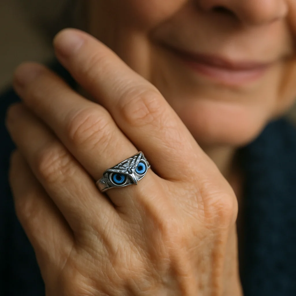Owl of good luck adjustable ring in silver and opal - Image 2