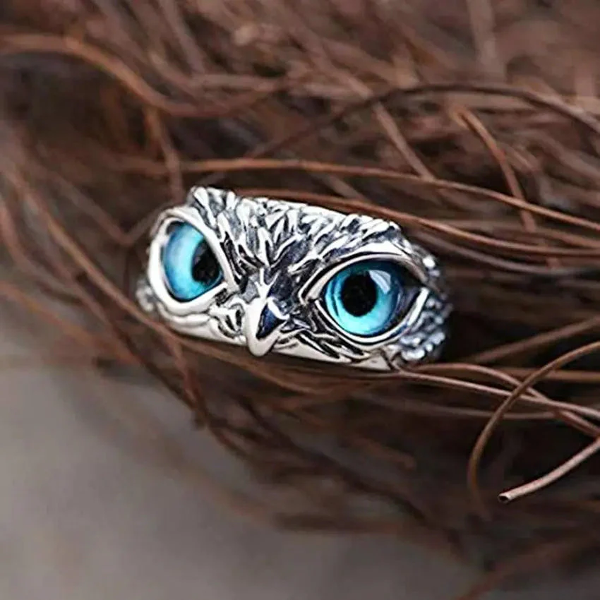 Owl of good luck adjustable ring in silver and opal - Image 3