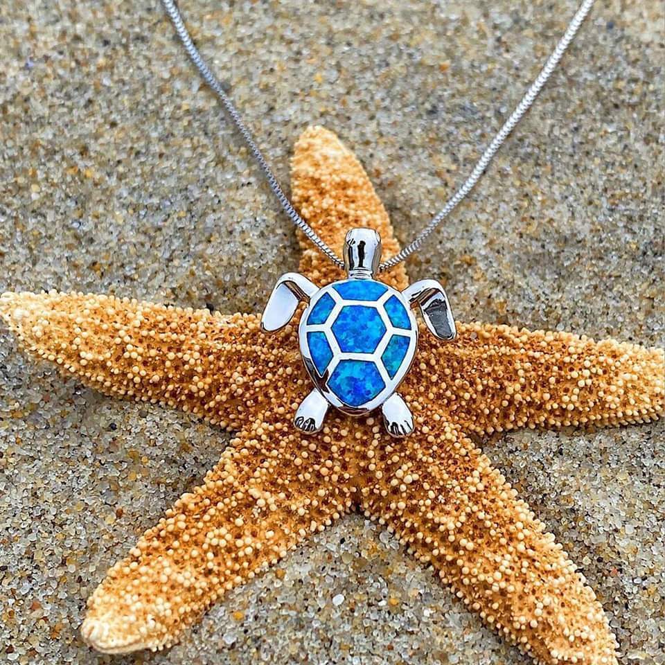 Sea Turtle Necklace + Earrings Set in Opal and Silver - Image 2