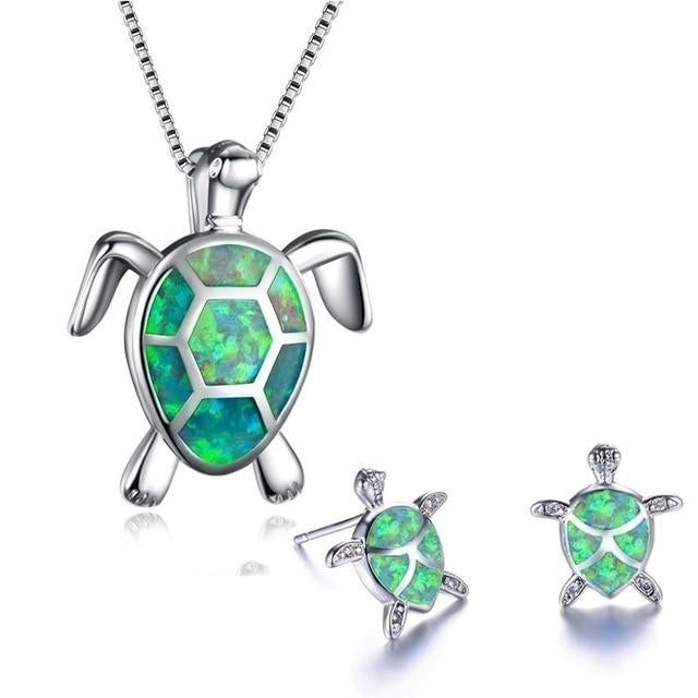 Sea Turtle Necklace + Earrings Set in Opal and Silver - Image 4