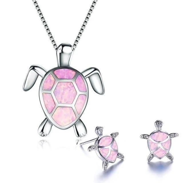 Sea Turtle Necklace + Earrings Set in Opal and Silver - Image 5