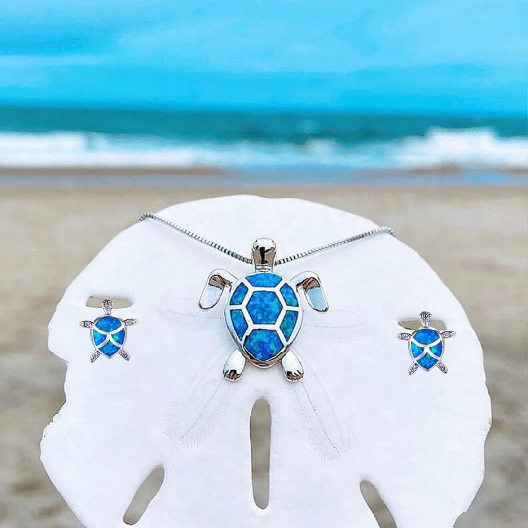 Sea Turtle Opal & Silver Necklace + Earrings - Image 2
