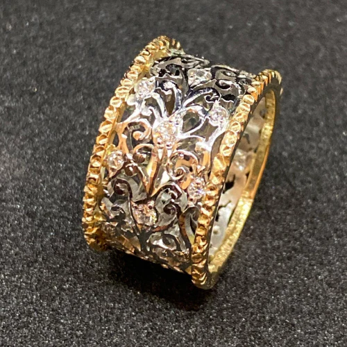 Silver and Gold Ornate Band Ring - Image 2