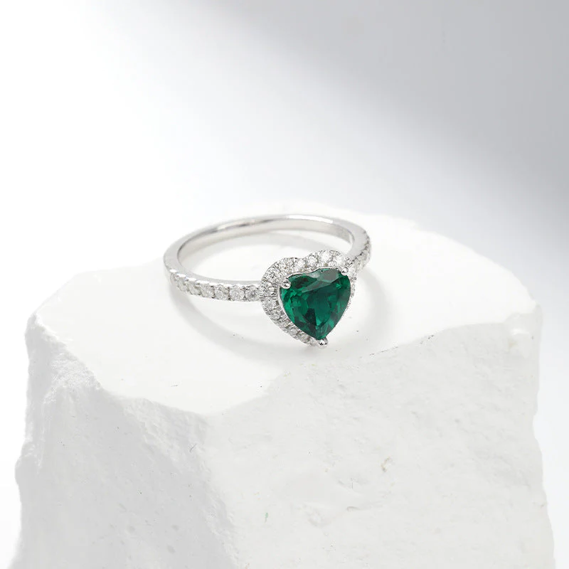 Silver Emerald Heart Halo Ring - Image 2