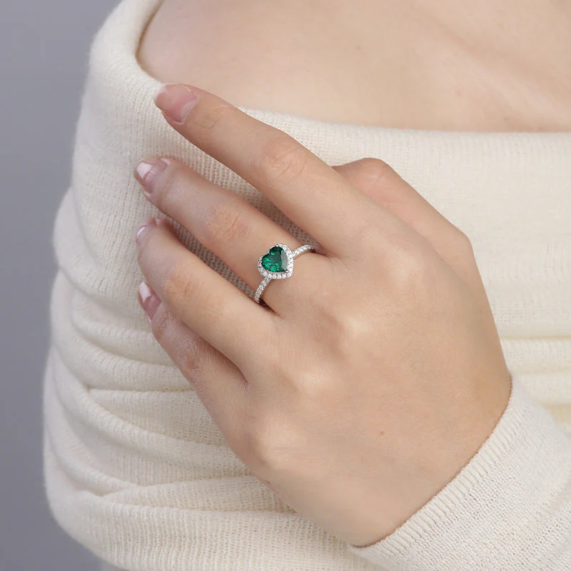 Silver Emerald Heart Halo Ring - Image 3