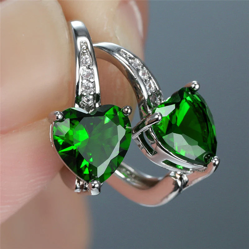 Silver Emerald Heart Hoop Earrings - Image 2