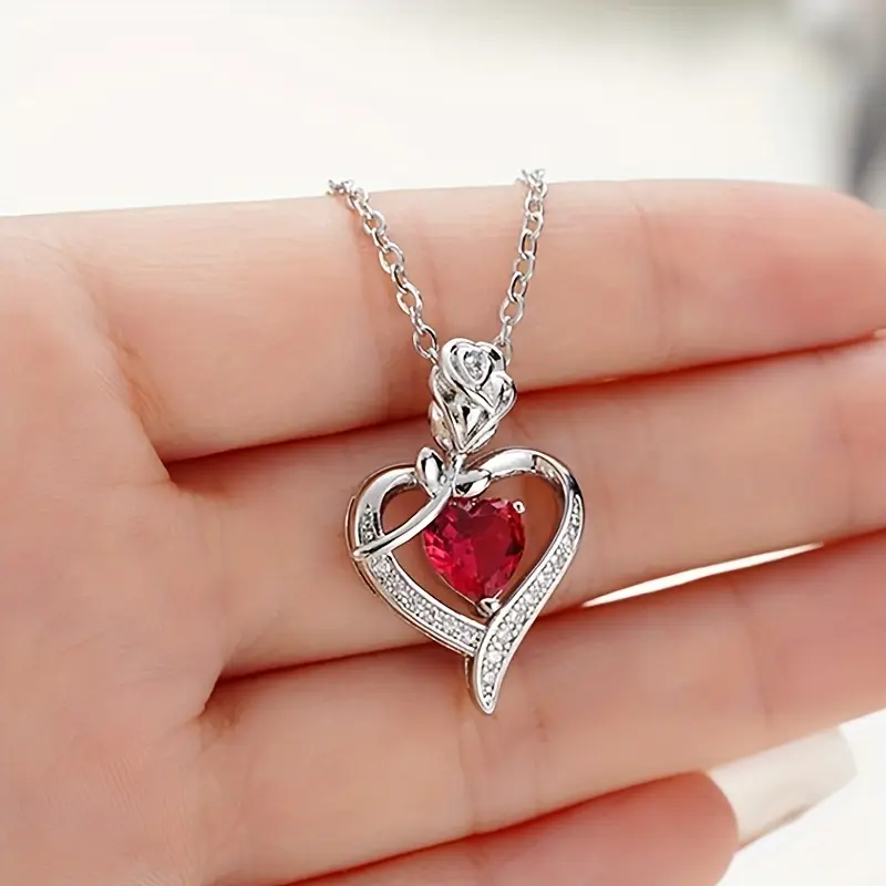 Silver Ruby Heart Pendant Necklace - Image 3