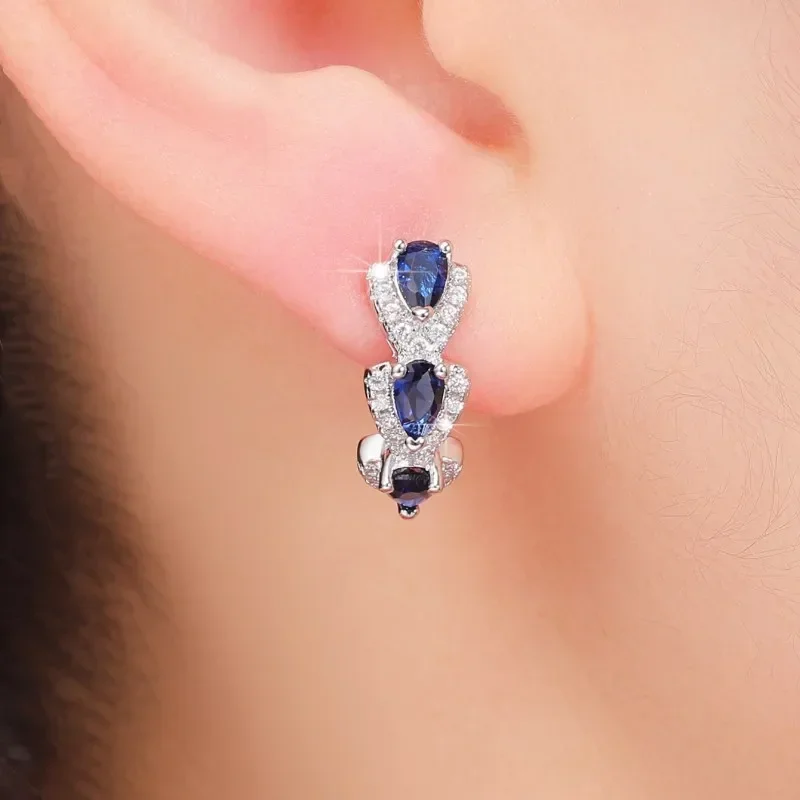 Silver Sapphire Halo Hoop Earrings - Image 2