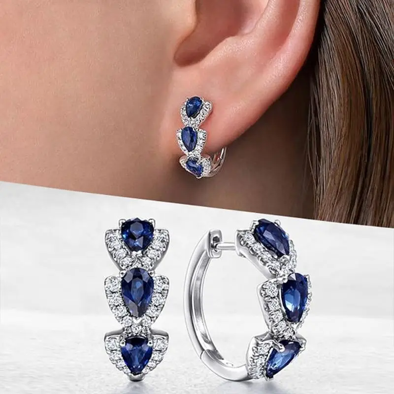 Silver Sapphire Halo Hoop Earrings - Image 3