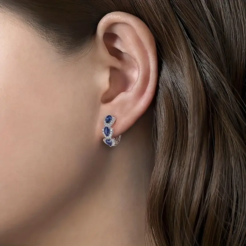 Silver Sapphire Halo Hoop Earrings - Image 4