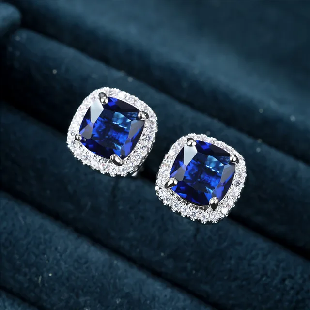 Silver Sapphire Halo Stud Earrings - Image 3
