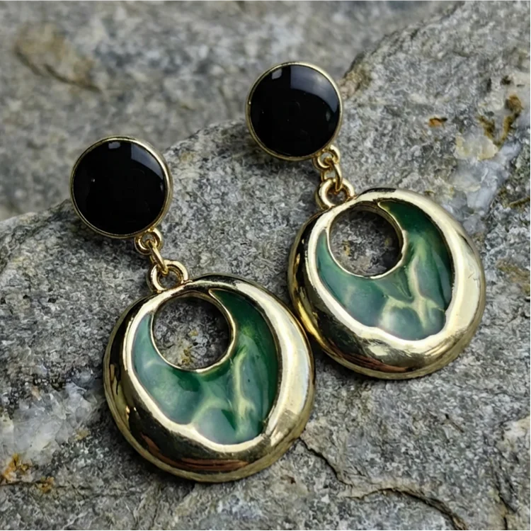 Silver Vintage Black & Green Enamel Drop Earrings - Image 2