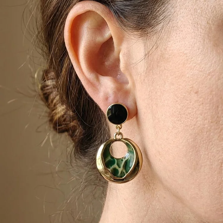 Silver Vintage Black & Green Enamel Drop Earrings - Image 3