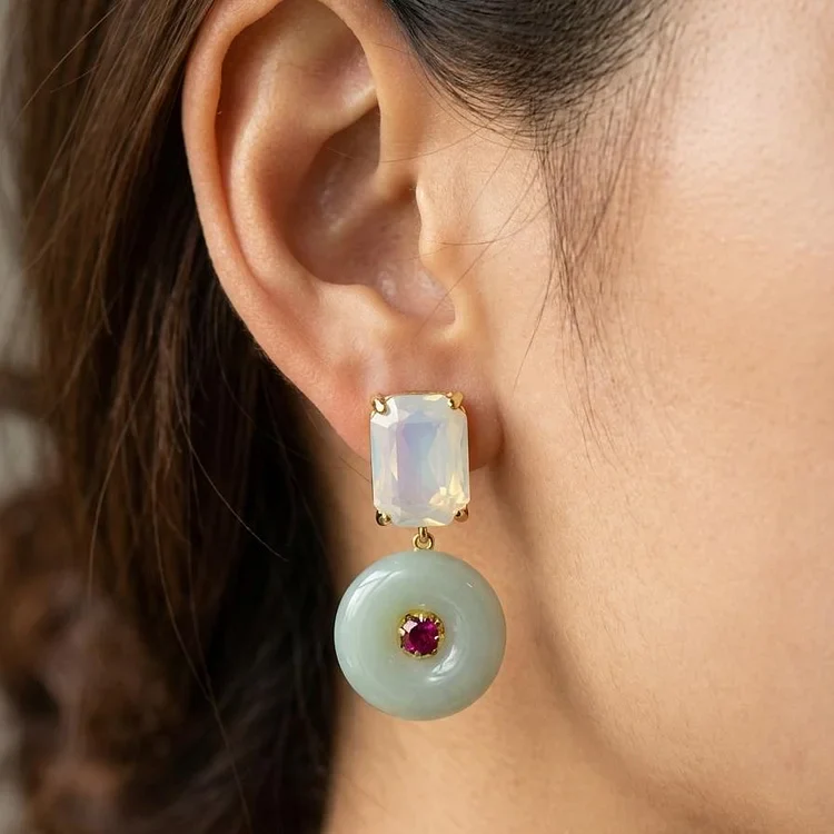 Silver Vintage Jade Donut Moonstone Drop Earrings - Image 3