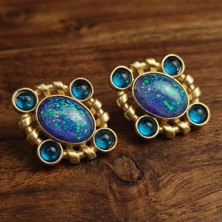 Silver Vintage Opal and Blue Glass Cluster Earrings - Image 2