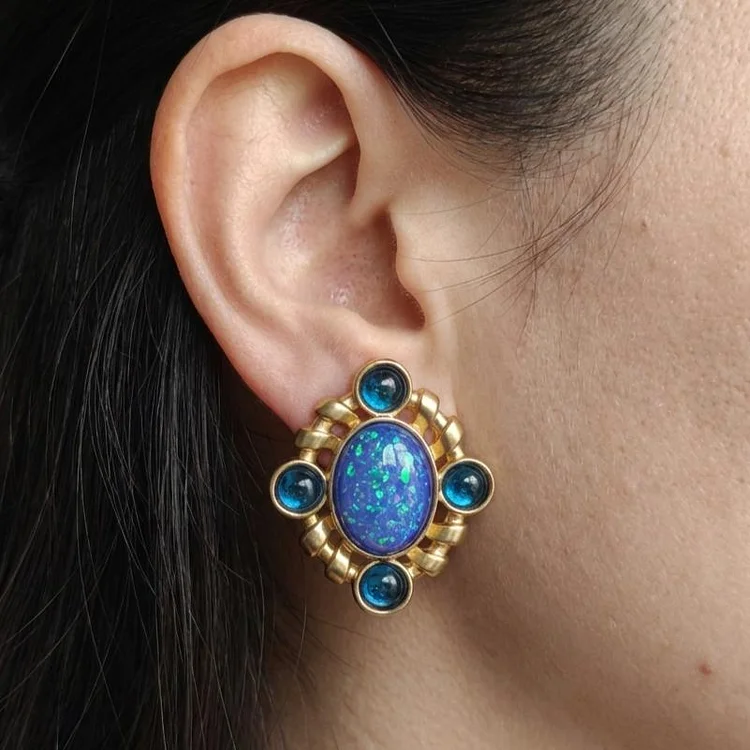 Silver Vintage Opal and Blue Glass Cluster Earrings - Image 3