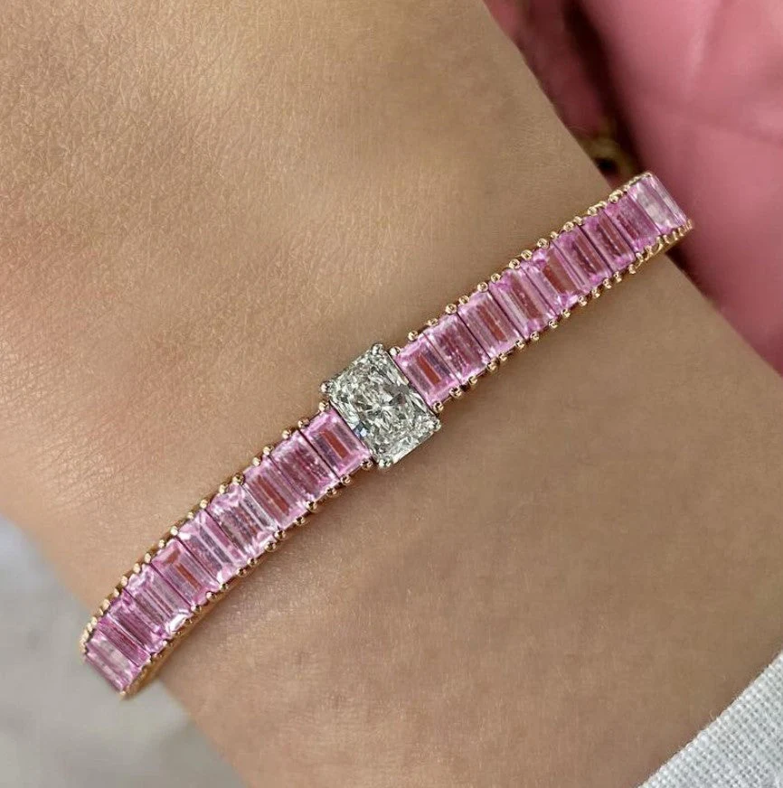 Two-Tone Radiant Cut Pink Sapphire Tennis Bracelet - Image 2