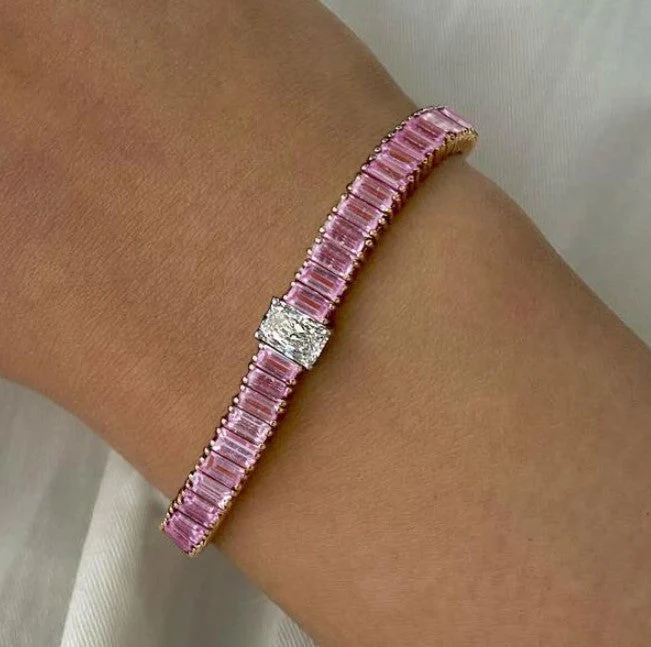Two-Tone Radiant Cut Pink Sapphire Tennis Bracelet - Image 3