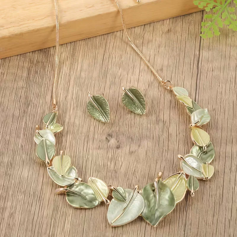 Verdant Leaf Symphony Necklace & Earring Set - Image 2