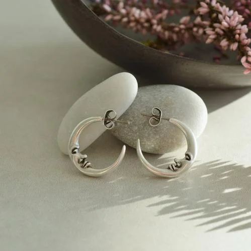 Vintage Antique Silver Engraved Thick MOON Hoop Earrings - Image 3