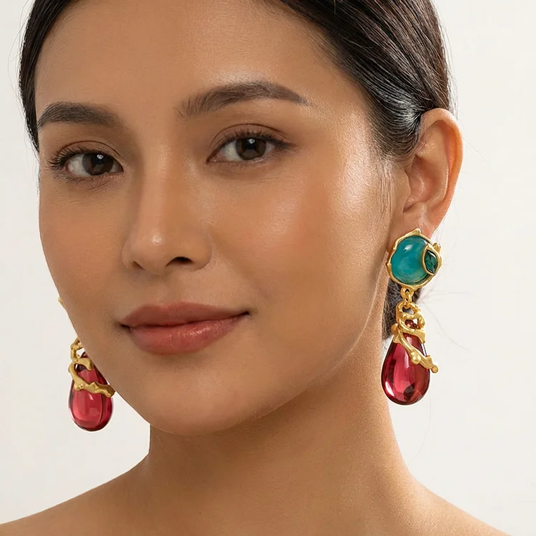 Vintage Artisan Two-Tone Gem Drop Earrings - Image 3