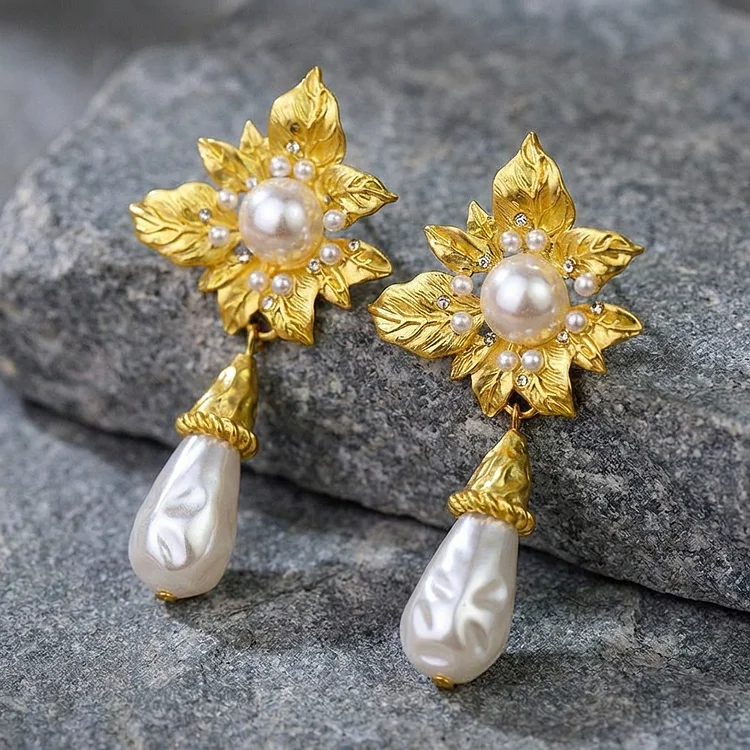 Vintage Baroque Pearl Flower Drop Earrings - Image 2