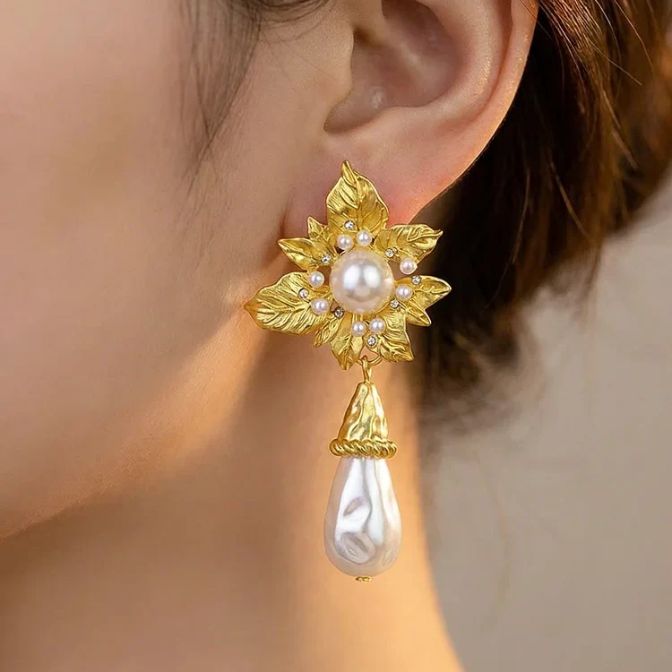 Vintage Baroque Pearl Flower Drop Earrings - Image 3