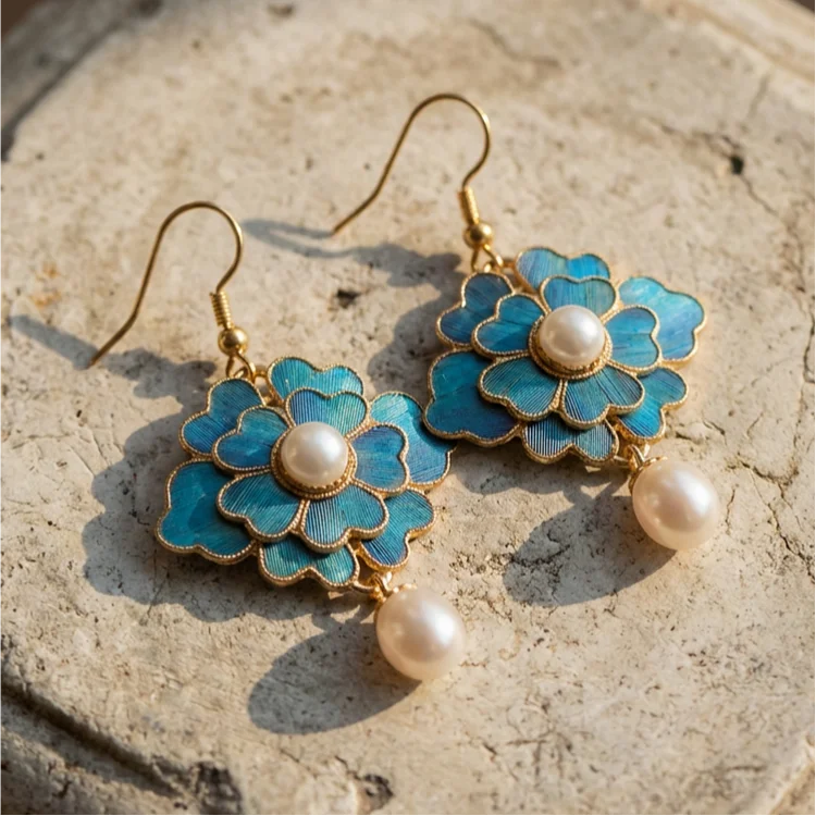 Vintage Blue Lotus Pearl Dangling Earrings - Image 2