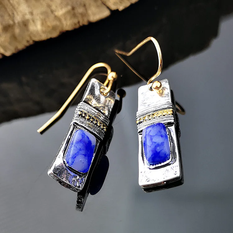 Vintage Blue Patterned Stone Earrings - Image 2