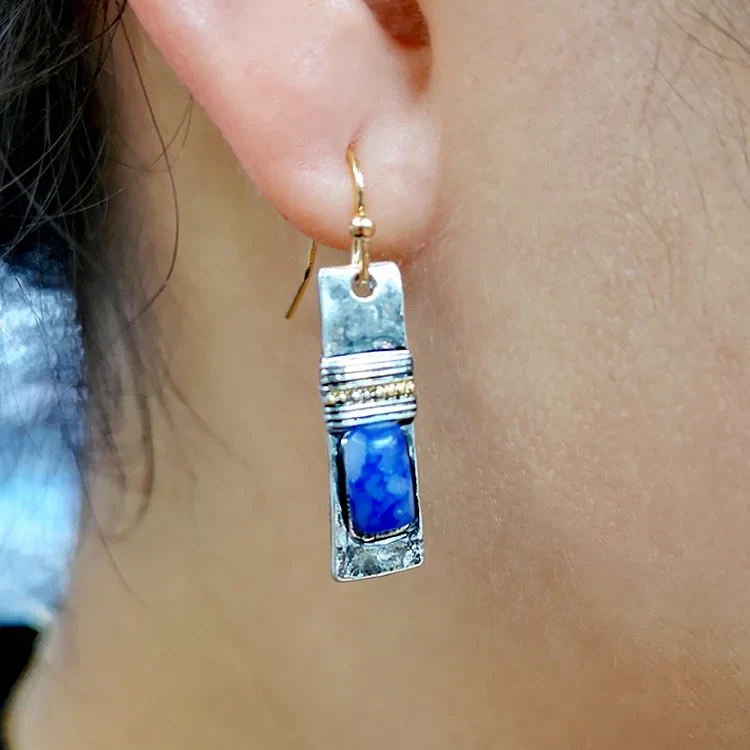 Vintage Blue Patterned Stone Earrings - Image 3