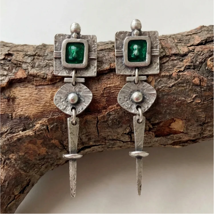 Vintage Bohemian Long Set Green Natural Stone Earrings - Image 2