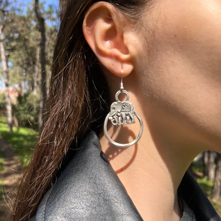 Vintage Bohemian Silver Elephant Earrings - Image 2