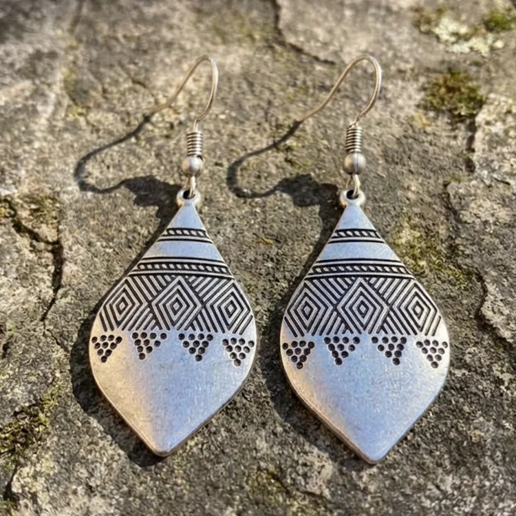 Vintage Bohemian Teardrop Engraved Pattern Silver Earrings - Image 2