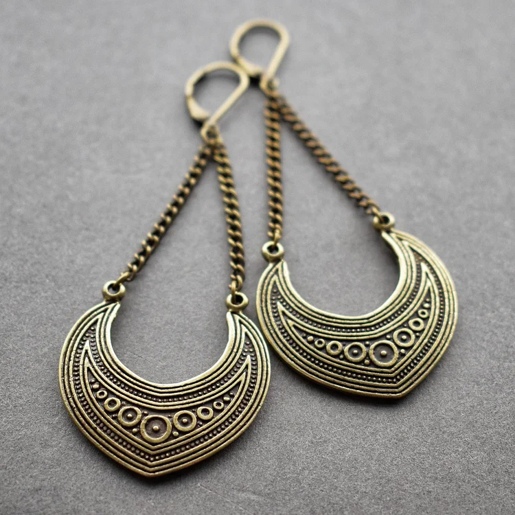 Vintage Boho Semicircle Bronze Tribal Earrings - Image 2