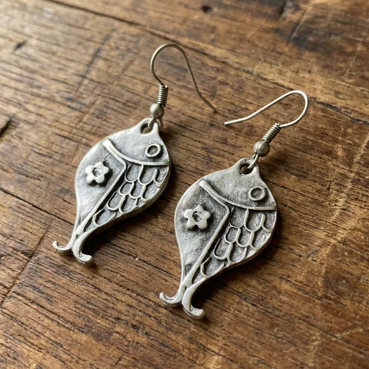 Vintage Boho Silver Fish with Flower Earrings - Image 2