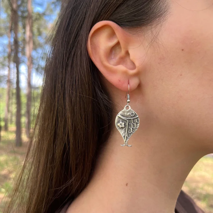 Vintage Boho Silver Fish with Flower Earrings - Image 3