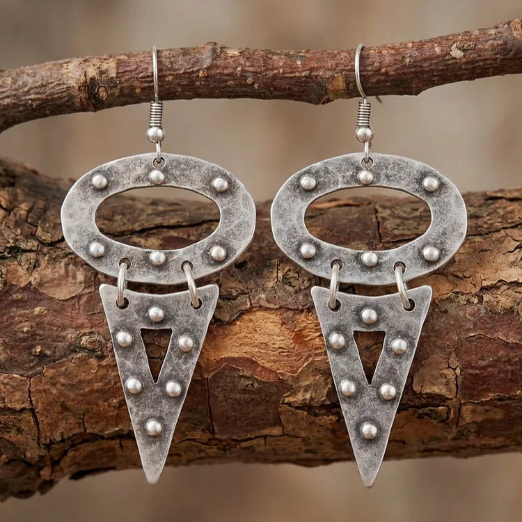 Vintage Boho Silver Oval and Triangle Earrings - Image 2