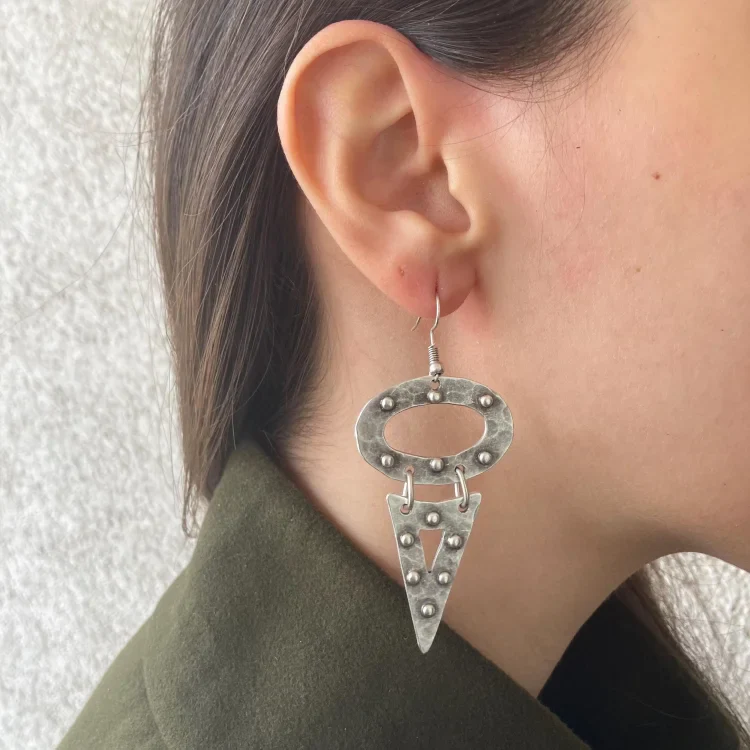 Vintage Boho Silver Oval and Triangle Earrings - Image 3