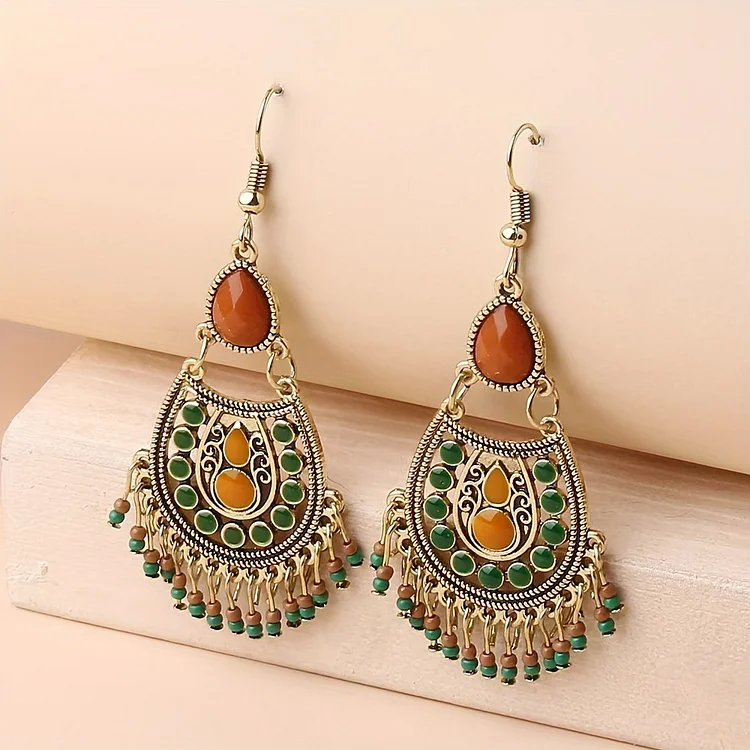 Vintage Court Style Geometric Beaded Dangle Earrings - Image 2